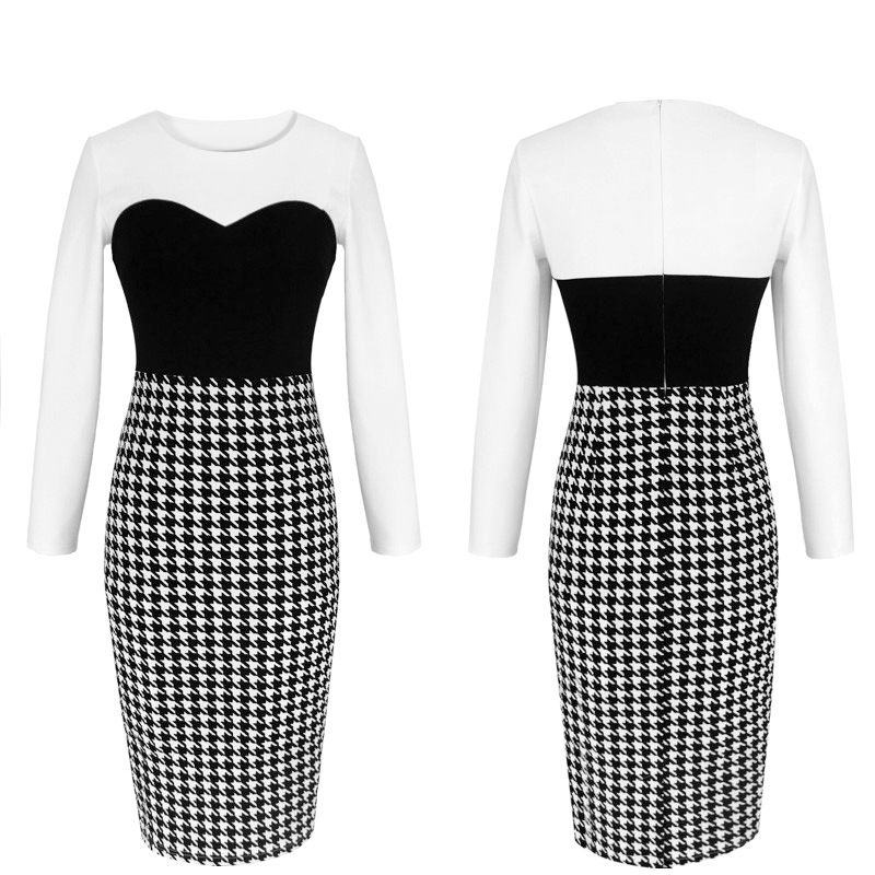 SZ60033 Charming Houndstooth Printed Spliced Bodycon Midi Dress For Women